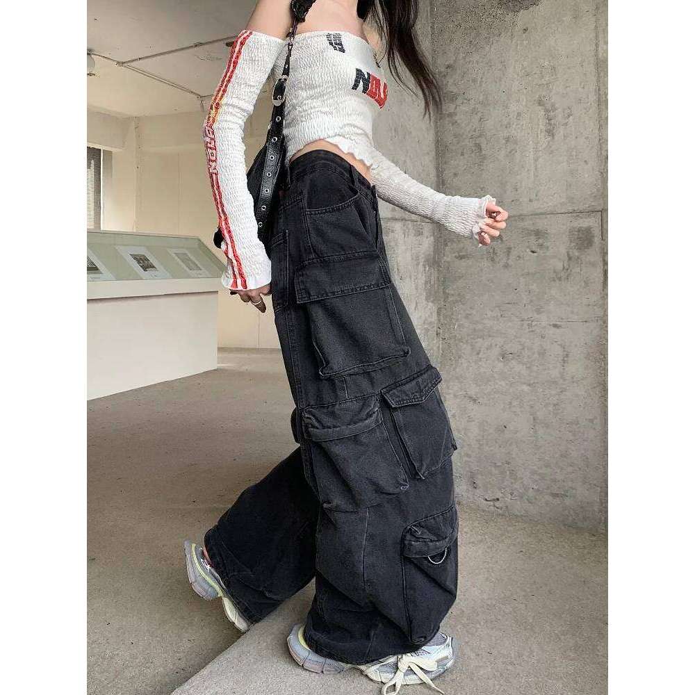 Trashy Y2k 2000S Streetwear Washed Black Baggy Jeans Cargo Pants For Women Clothes Multi Pockets Wide Leg Gothic Lady Trousers