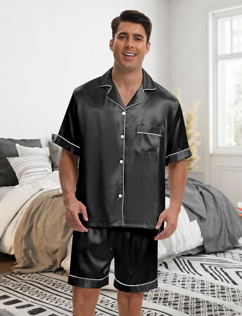 Mens Satin Pajama Set Short Sleeve Lapel Front Buttons Top And Elastic Shorts Comfortable Fit Loungewear Sleepwear Pjs 250526