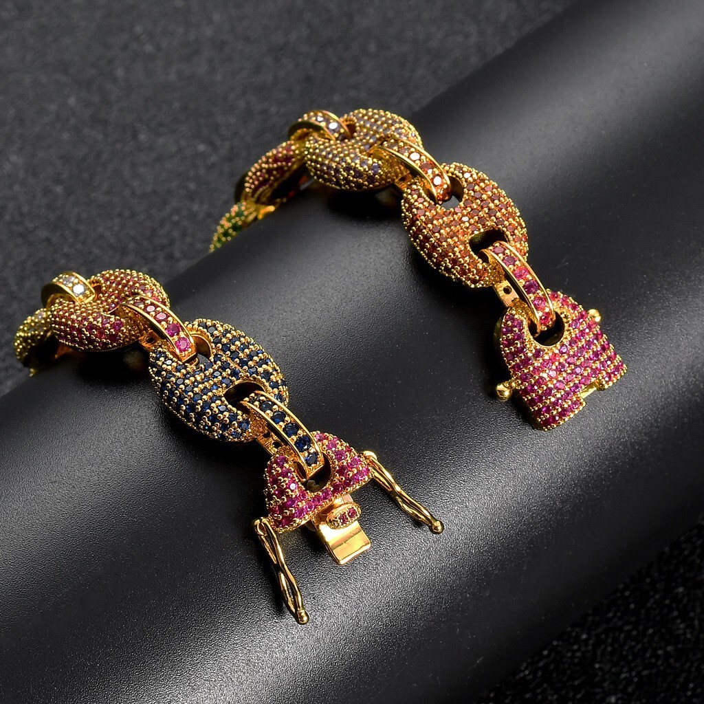 Hip hop Bracelet color Moissanite pig nose chain coffee bean chain real gold electroplating mens hip hop jewelry moissanite