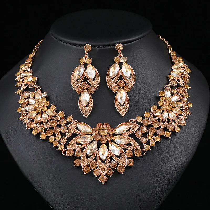 Advanced retro necklace earring set leaf Multicolored flowers luxurious crystal jewelry brides wedding dress accessories 250530