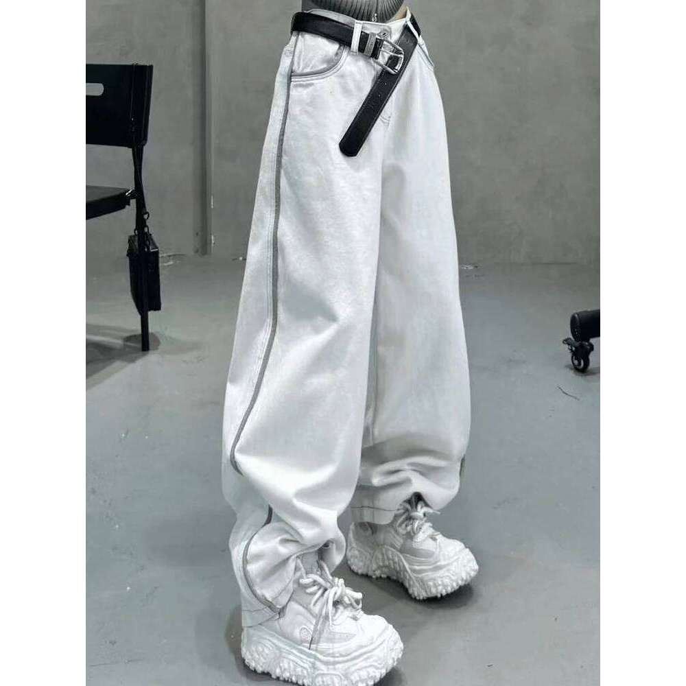 2025 NEW Splicing White High Street Straight Leg Fashion Y2k Style American Spring Oversized Women's Loose Jeans