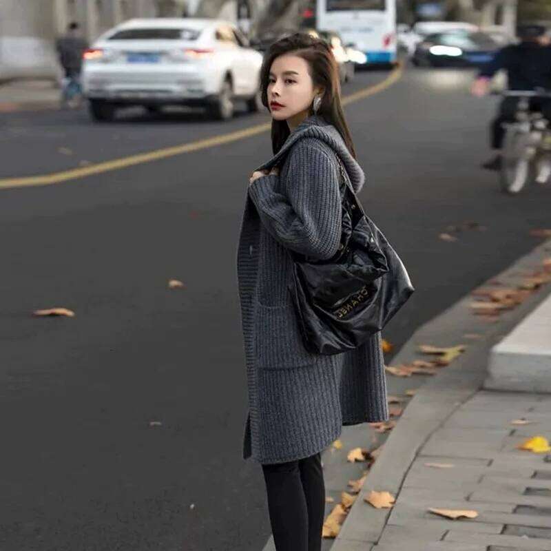 European Hooded Cardigan Women's Mid-Length 100% Cashmere Autumn And Winter Loose High-End Lazy Wind Sweater Coat