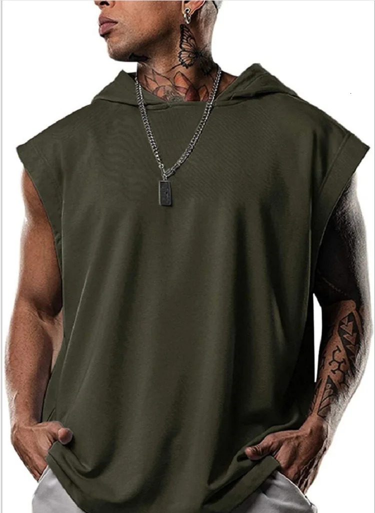 2025 Vest Hooded Solid Color Mens Casual Pullover Sports Tshirt Sleeveless Waistcoat Loose 250527