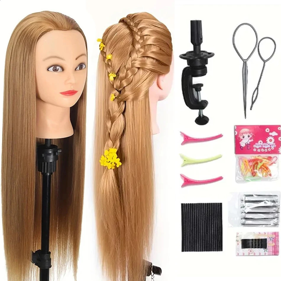 Long Synthetic Fiber Hair Mannequin Head With Free Clamp Stand Hairdresser Training Manikin Cosmetology Doll Head For DIY Braid 250529