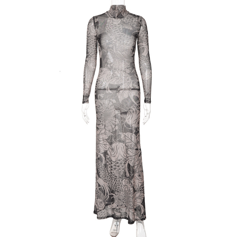 Designer T Shirt European And American Cross Border Women S Fashion Autumn New Fashion Mesh Print Sheer High Neck Slim Fit Dress For Women Essentials 