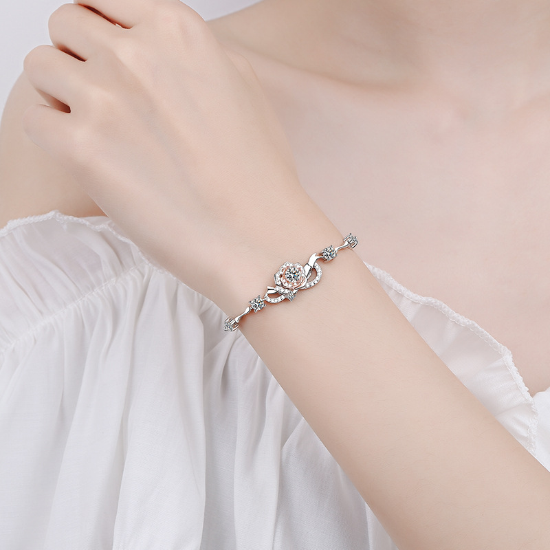 925 Sterling Silver Rose Flower Bracelet with Moissanite Inlay, Elegant and Adjustable for Women, Perfect for Gift and Daily Wear.