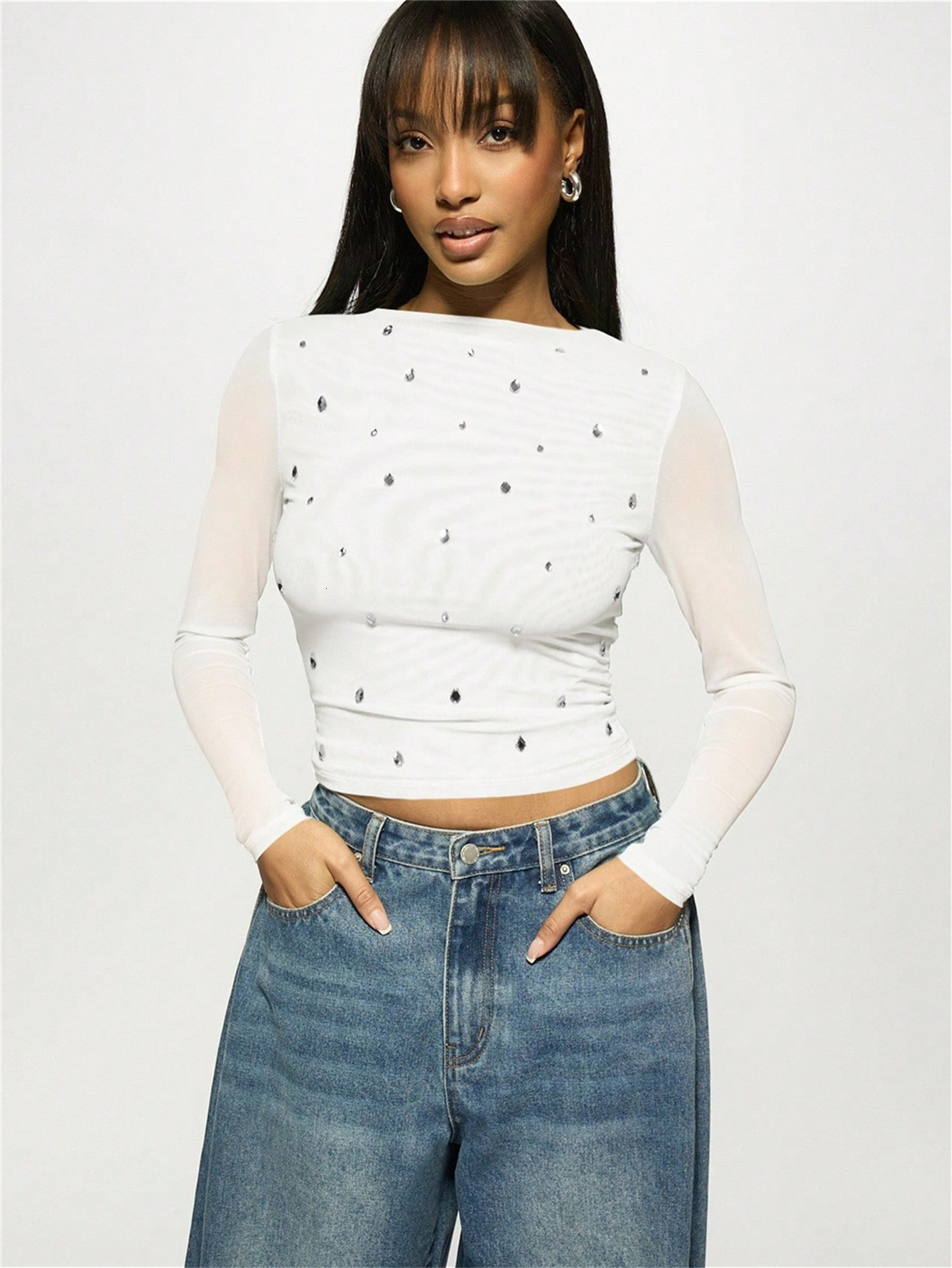 Designer T Shirt New European And American Women S Fashion Casual Printed Slim Fit Mesh Semi Transparent Hollow Long Sleeve T Shirt Essentials Summer 