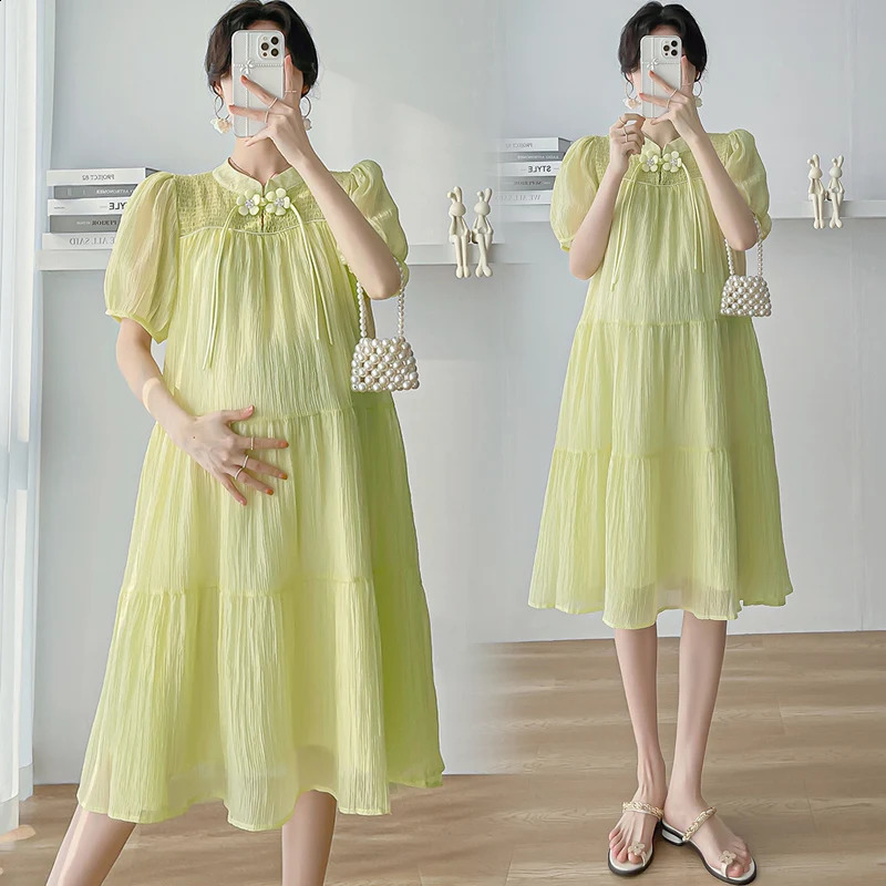 Korean Style Loose Maternity Chinese Cheongsam Puff Sleeve Sweeet Pregnant Women Chiffon Dress Pregnancy Soft and Light Clothes 250530