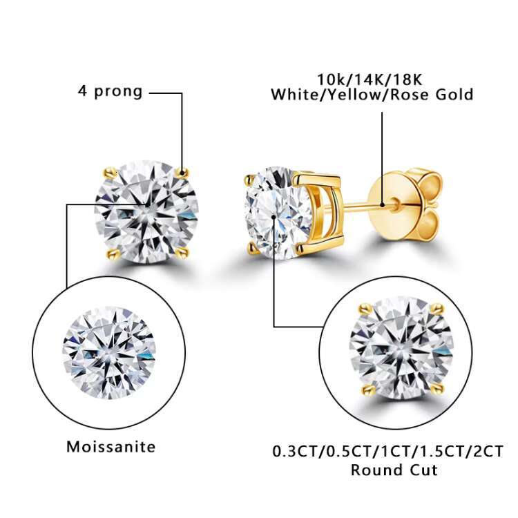 Starsgem 4 Prongs 14K White Yellow Rose Gold 0.5 1 1.5 2 CT Round Moissanite Diamond Stone Stud Earrings