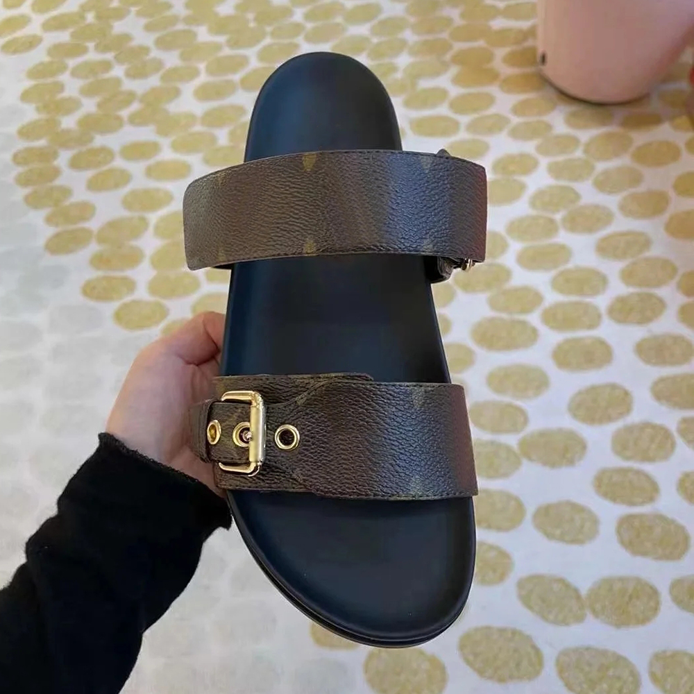 Designer sandals for women luxury slides slippers casual platform buckle sandal mules shoes ladies summer beach sliders genuine leather ladies flats black