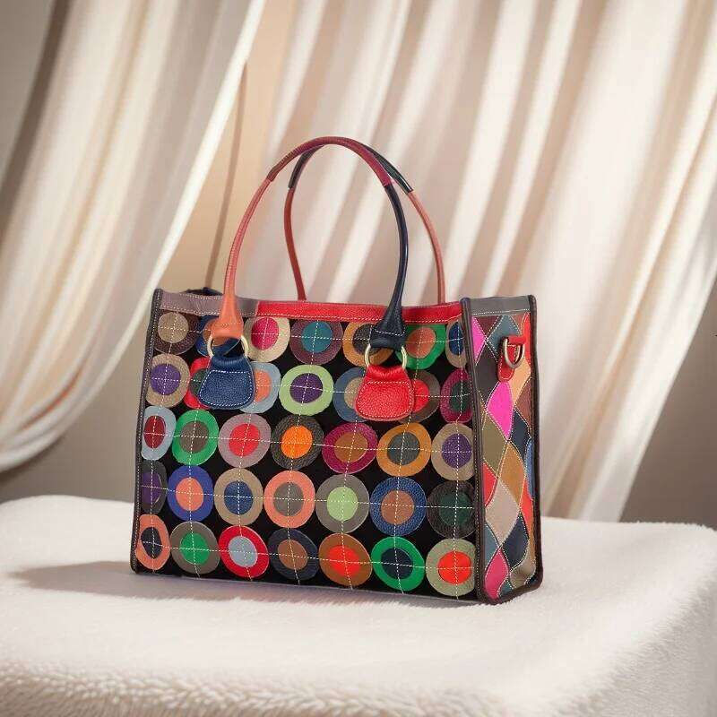 Fashion Splicing Color Leather Women's Tote with Casual and Colorful Circle ing Cowhide Shoulder Bag Handbag