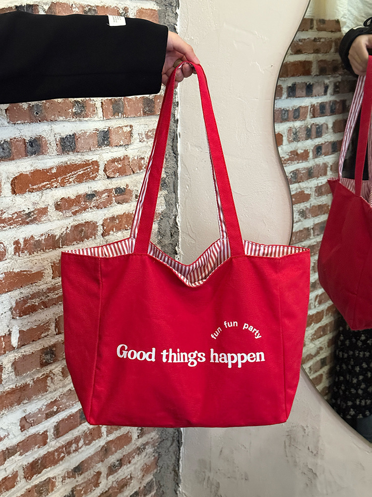 designer Red Reversible Striped Canvas Bag for Women Korean Style Tote Bag Casual Lazy Style Large Capacity Nylon Shopping Bag