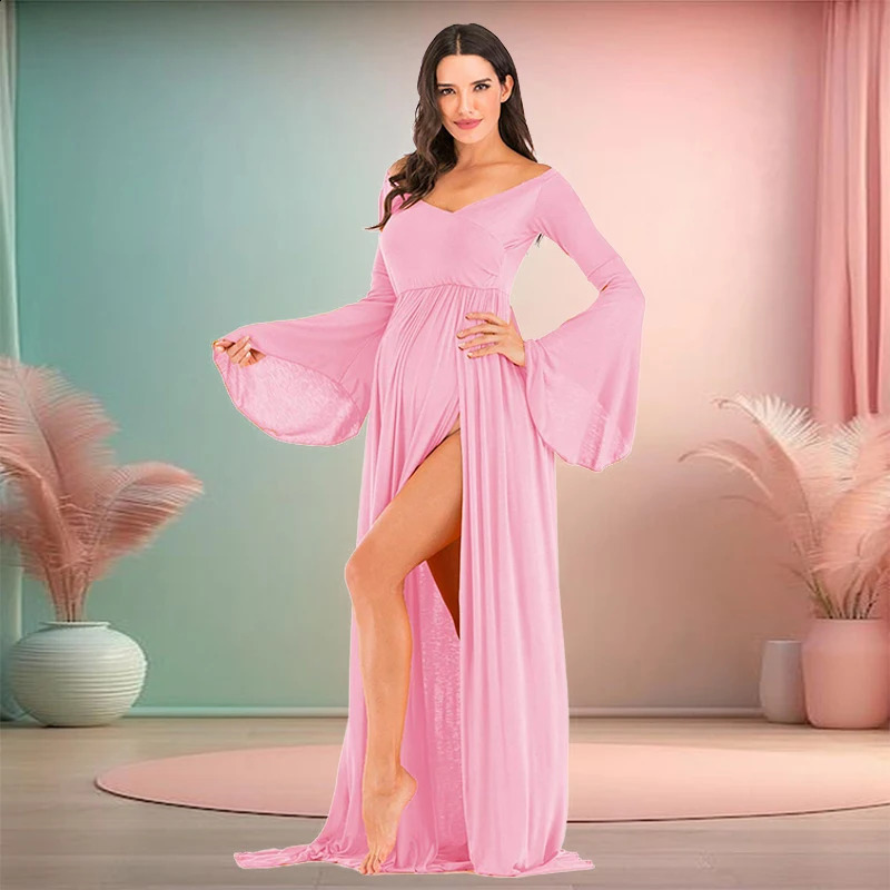 Maternity Off Shoulde Maxi Chiffon Dress for Po Shoot Bell Sleeves V-Neck Split Dress for Pography Baby Shower 250530