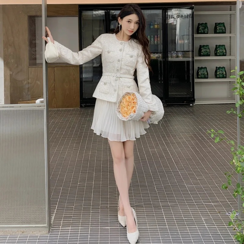 JAMERARY Runway Single Breasted Beaded Diamonds Buttons Sequins Tweed Chiffon Dress Women Two Piece Dresses 250529