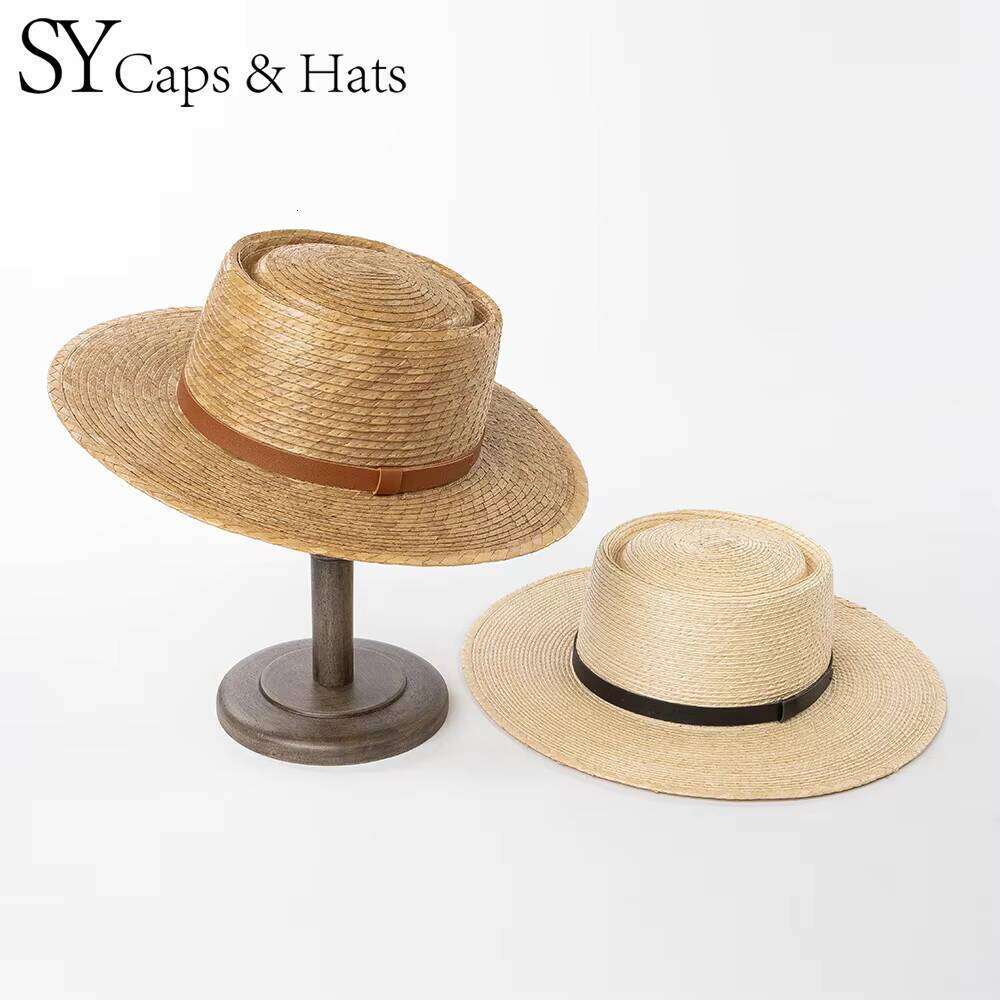 2025NEW SYHATS 100% Natural Palm Leaf Pork Pie With PU Belt Trim Unisex Wide Brim Summer Straw Hat OEM Available