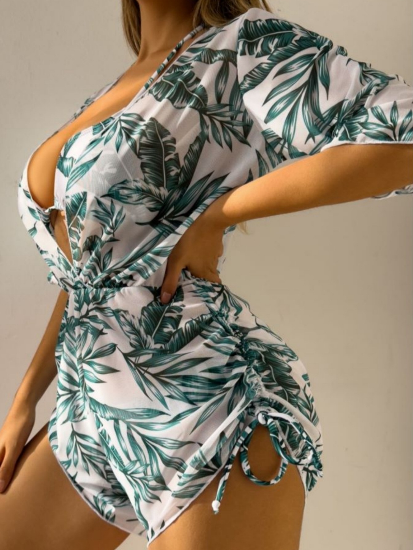 Outdoor Summer Beach Sexy Womenfree Shipping 2025 New Designer Shoes New Three Piece Bikini Leaf Printed Waist Strap Fashion Long Sleeve Beach Anti Ro