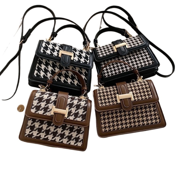 designer Korean Style Houndstooth Bag for Women, Handheld, Shoulder, Crossbody, Classic Versatile Fashion Small Square Bag, Student Cheap Bag