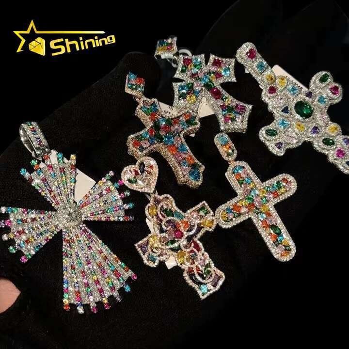 Charm Hip Hop Jewelry 925 Sterling Silver Prong-Set Multi-Gems VVS Moissanite Color Diamond Iced Out Custom Cross Pendants