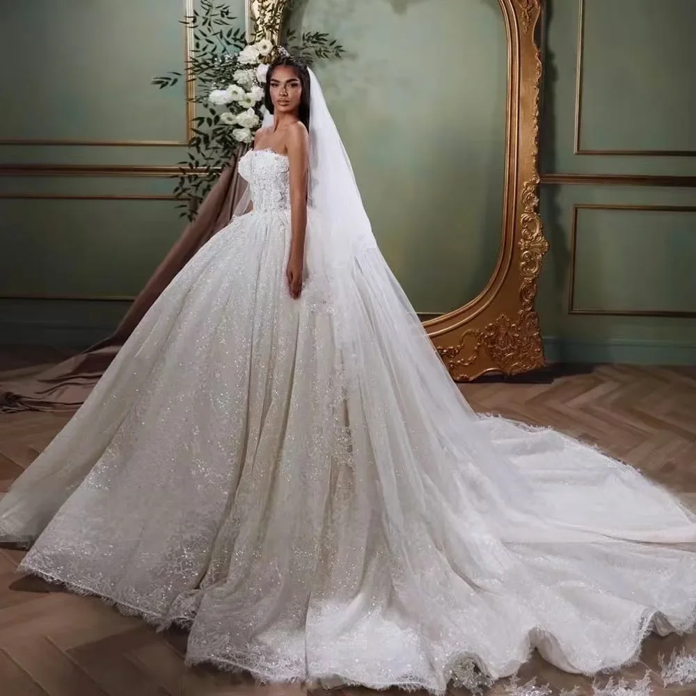 Illusion Ball Gown Wedding Dress Strapless Sleeveless Bridal Gowns Lace Appliques Court Train Dresses Customized vestidos de novia
