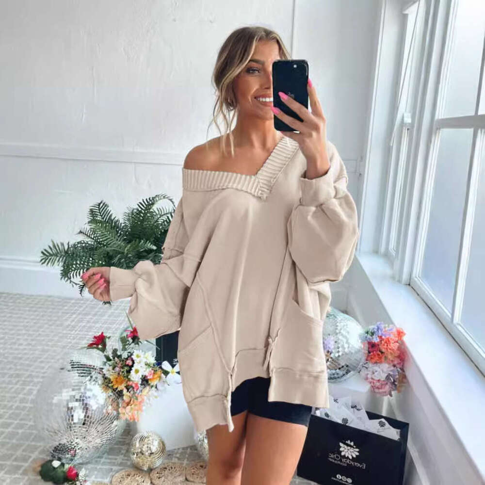 Fashion Early Autumn Women's Clothing Lantern Loose V-neck Irregular Hem Design Long Sleeve Sweatshirt for Women
