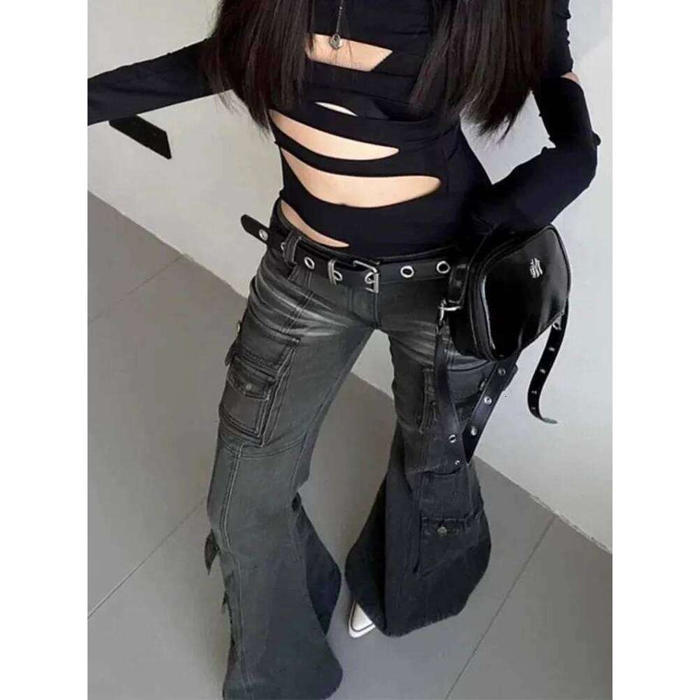 2025 Cyber Y2k Streetwear Vintage Black Slim Flare Cargo Jeans Pants Women Clothing Multi Pockets Lady Trousers Pantalon Femme