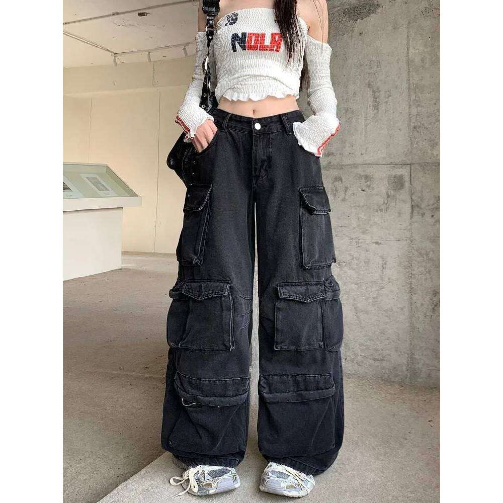 Trashy Y2k 2000S Streetwear Washed Black Baggy Jeans Cargo Pants For Women Clothes Multi Pockets Wide Leg Gothic Lady Trousers