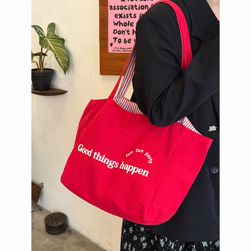 designer Red Reversible Striped Canvas Bag for Women Korean Style Tote Bag Casual Lazy Style Large Capacity Nylon Shopping Bag