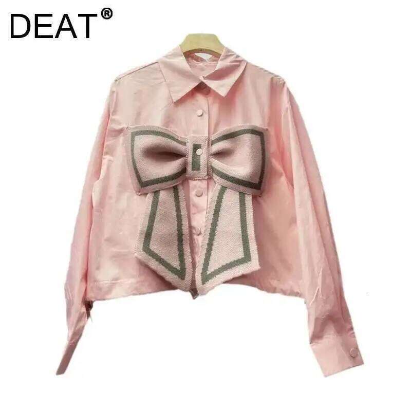 DEAT Women's Shirt Loose Patchwork Knitted Bow Single Breasted Solid Color Short Casual Blouse Summer 2025 New Fashion 29L9109