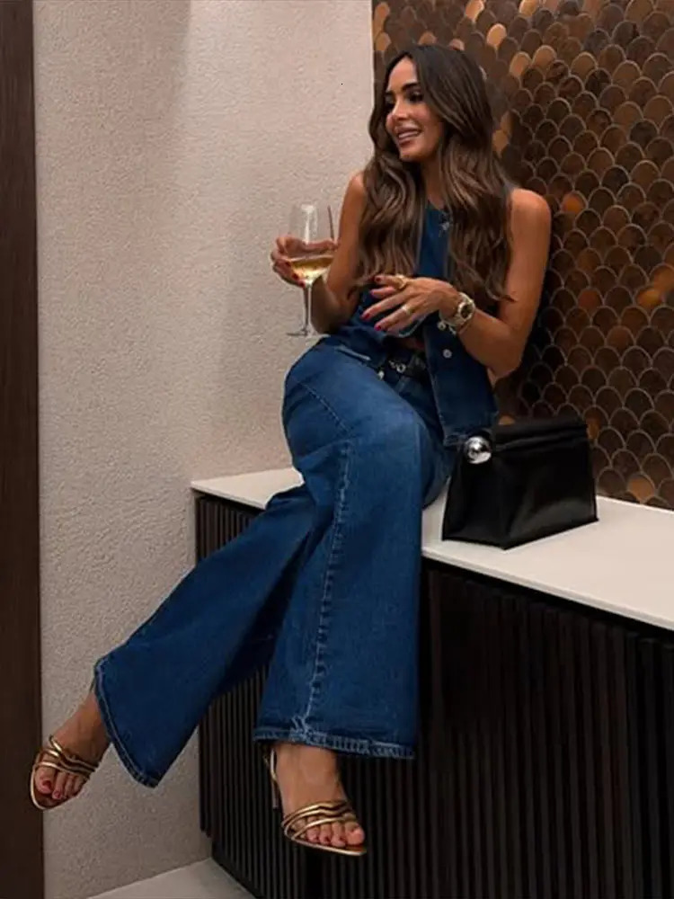 Elegant Womens Suits Denim Sleeveless Irregular Short Vest Wide Legs Long Jeans 2025 Spring Summer Fashion Ladies Pants Sets 250530