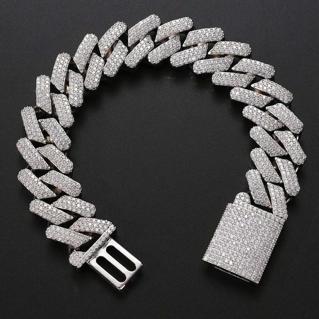 Bracelet hip hop genuine gold plated 20mm solid CUBAN CHAIN full of Moissanite big box buckle mens Bracelet moissanite