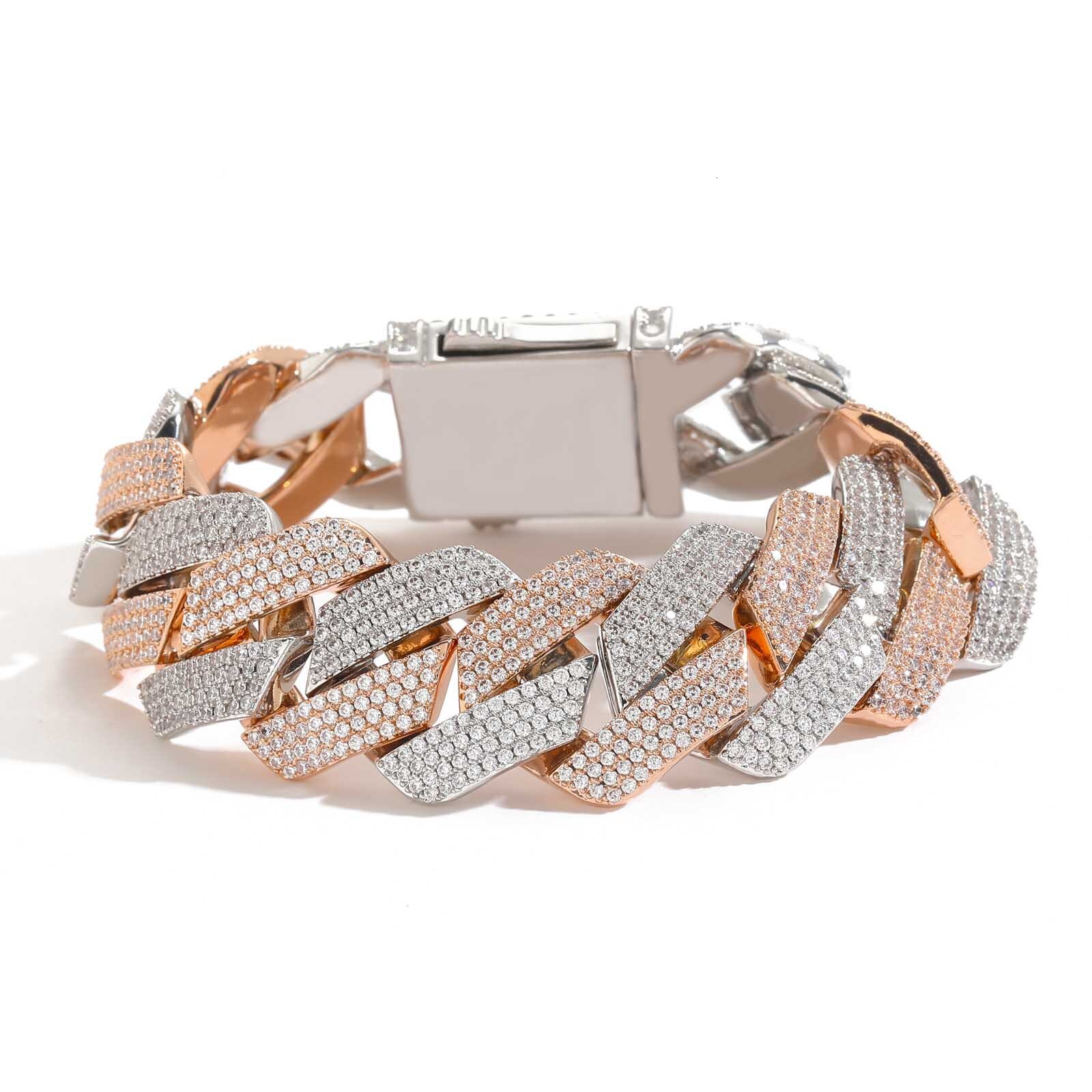 Hip Hop Bracelet 22mm Four Row Moissanite Diamond Cuban Chain Pink and White Moissanite Personalized Mens Spring Buckle Bracelet moissanite