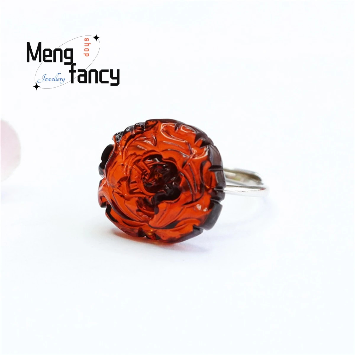 Natural S925 Inlaid Blood Pur Water Purification Amber Peony Ring Simple Generous Fashion Retro Women Fine Jewelry Gift 250526