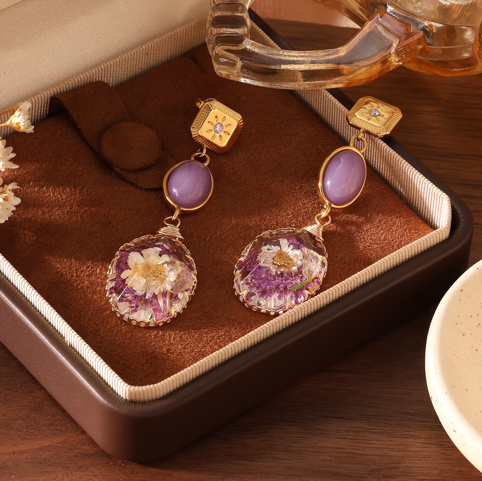 Resin Real Dried Flower for Women Butterfly Pentagram Handmade Earrings