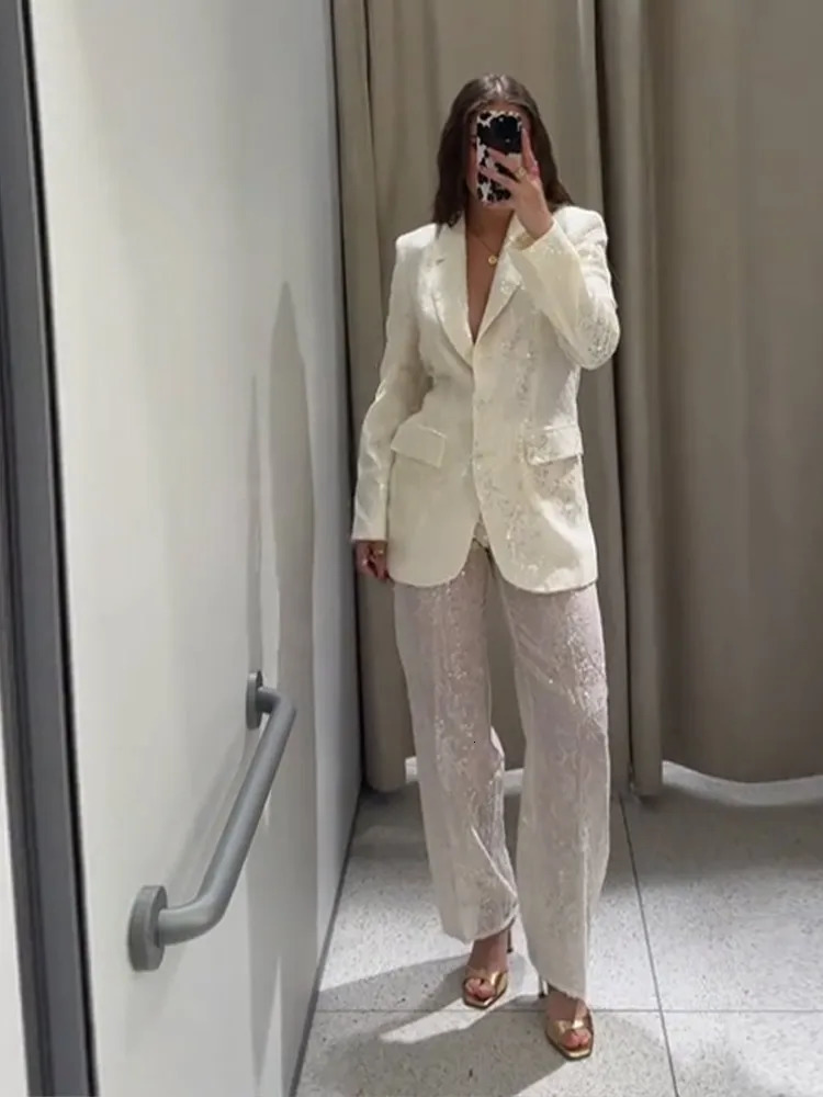 Sequin Waist Cinched Suit Coat Jacket Perspective Pants Set Silhouette Slimming Women Suits Outwear Top Trousers Formal Attire 250530