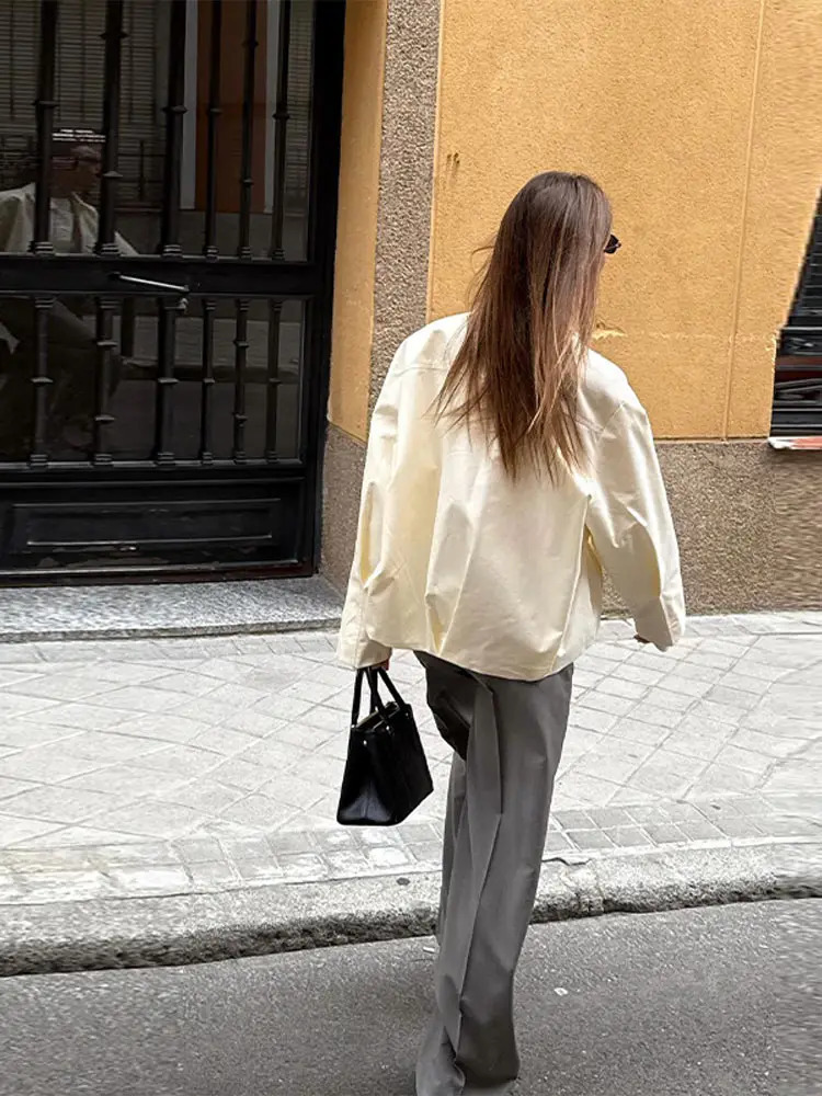 Street Womens Jacket Zipper White Lapel Long Sleeve Female Loose Coats Female 2025 Spring Fall Lady High Street Outwears 250530