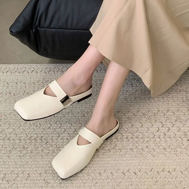 Soft Leather Ins Silver Buckle Strap Casual Shoes Fashion Flats Elegant Glitter Metallic Mules Shoes Cover Toe Slippers 250528