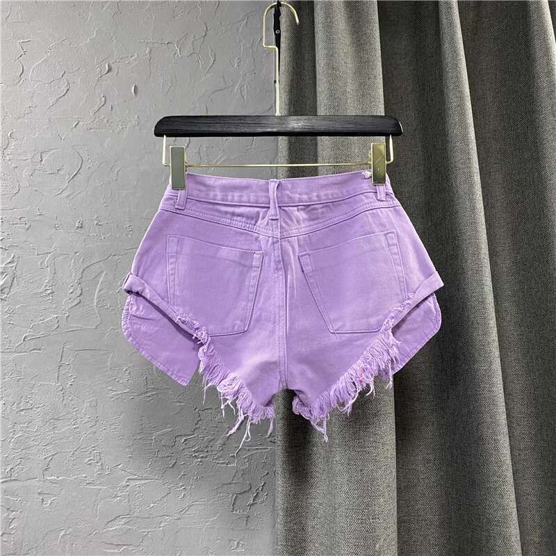 Denim Shorts Jeans Shorts Trendy Low Waist Denim For Women Summer New Fringe Frayed Wide Leg A Line Shorts Purple Ripped Short Jeans