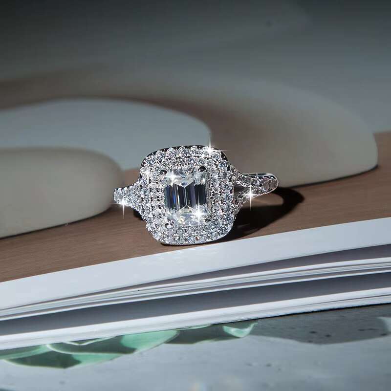 With GRA Certificate S925 Sterling Silver 5*7mm 1ct Emerald Cut Moissanite Ring for Women Engagement Wedding Band