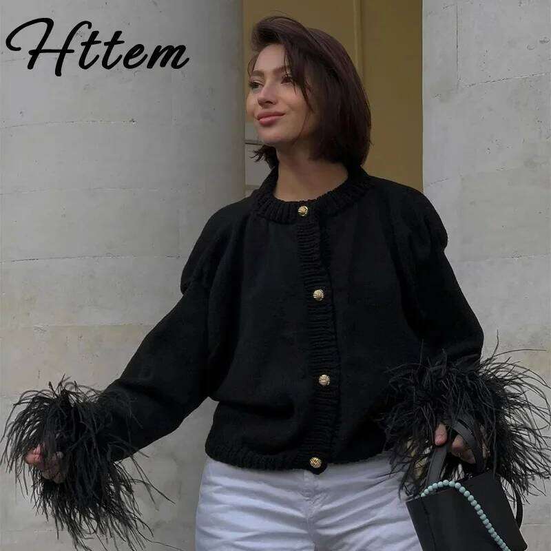 Casual Feather Knitted Cardigan Women Loose Long Sleeve Single Breasted Patchwork Sweater 2024 Fall Lady Street Knitwear