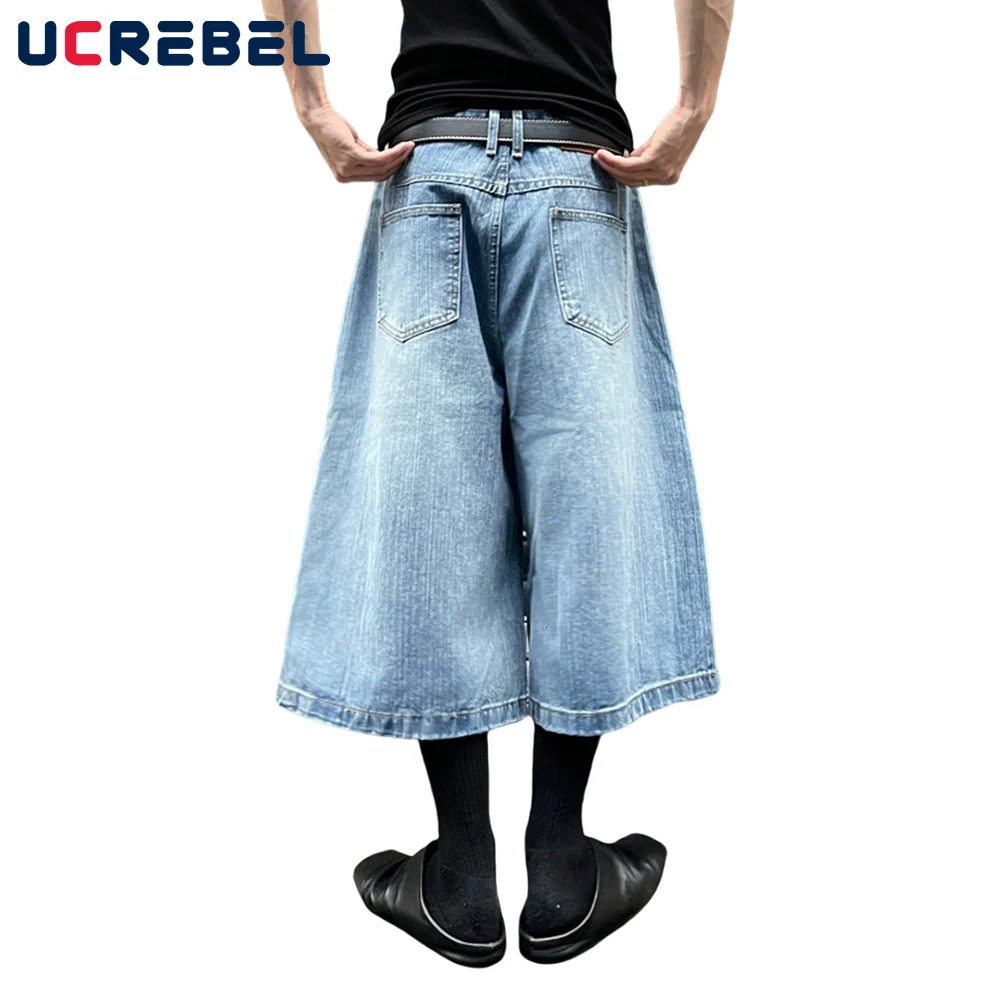 Flower Print Spliced Denim Shorts Mens Retro High Street Washed Distressed Loose Wide Leg Pocket Jeans Cropped Trousers Men 250528