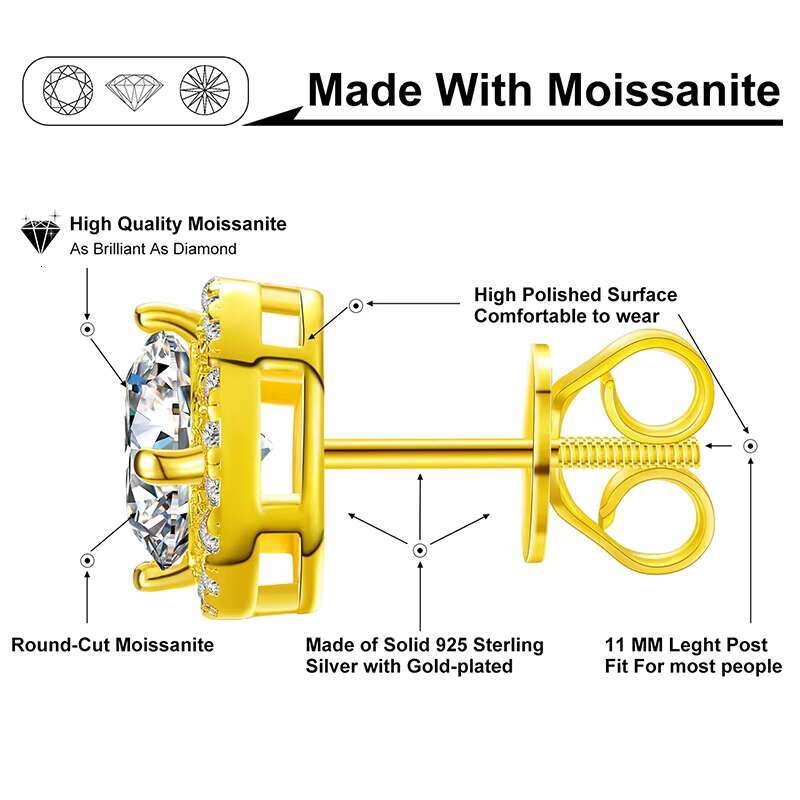 Local USA Stock Trendy Jewelry 925 Sterling Silver VVS Moissanite Diamond Cluster Screw Back Stud Earrings for Men Women