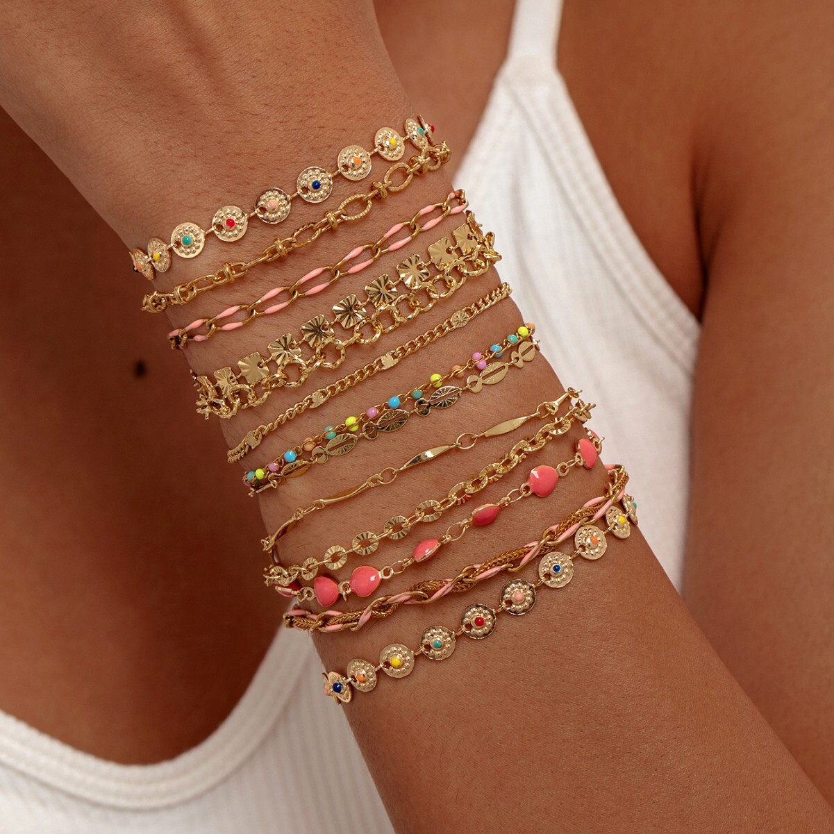 Stacked Chain Stainless Steel Thin Bracelet Evil Eye Pendant Gold Color Personality Simple Accessory