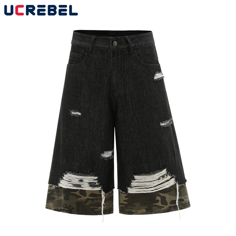 Ripped Patchwork Denim Shorts Mens Pocket High Street Summer Loose Wide Leg Washed Distressed Short Jeans 250528