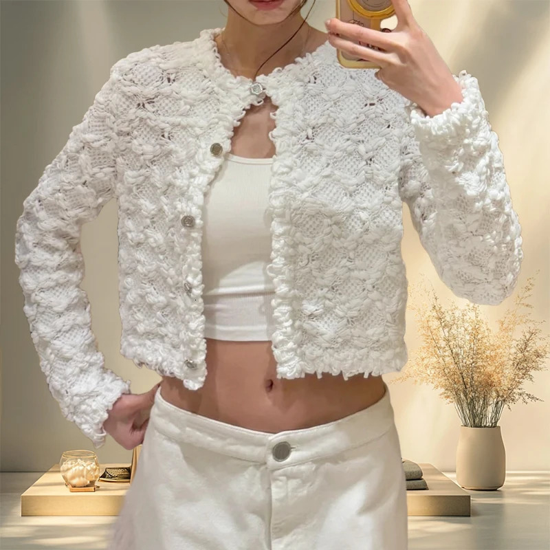 25 Tweed Style Stereo Woven Crochet Cardigan White Moonlight Straight Slim Short Womens Jacket 250530