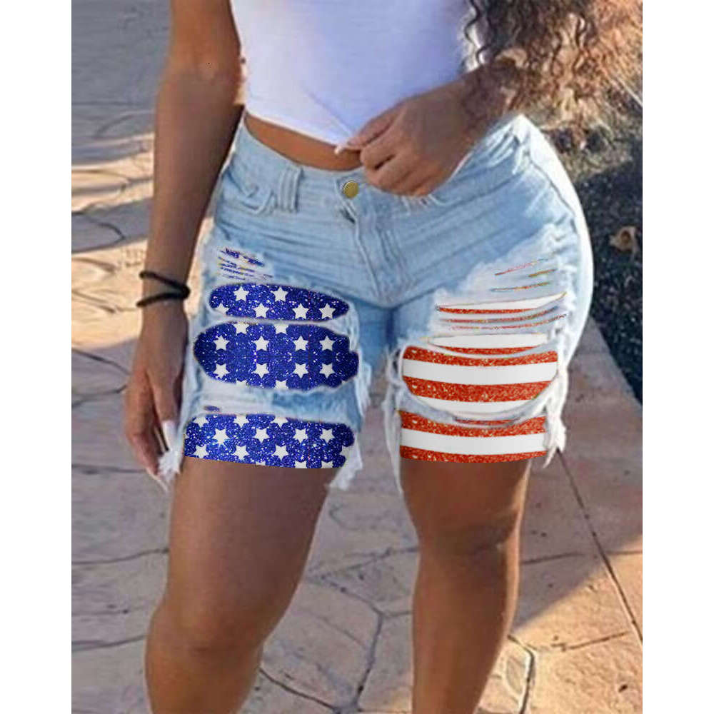 Denim Shorts Jeans Shorts Spring Summer New Patchwork Denim For Women Unique Street Style Ripped Straight Mid Length Shorts Ripped Short Jeans