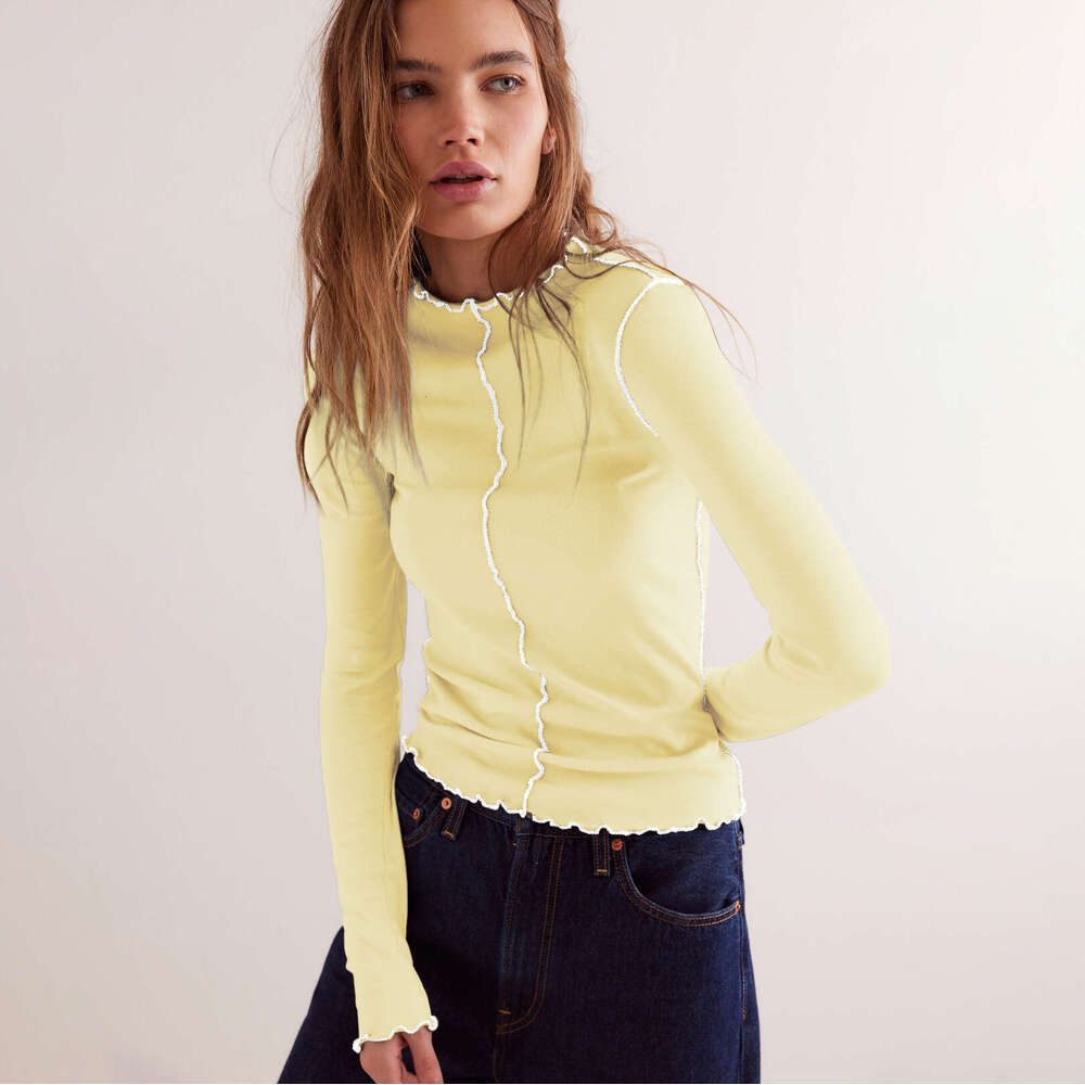 Patchwork Slim Fit Long Sleeve T-Shirt Top Design Sense Base Shirt Color Block Women's Ruffled Edge 1062