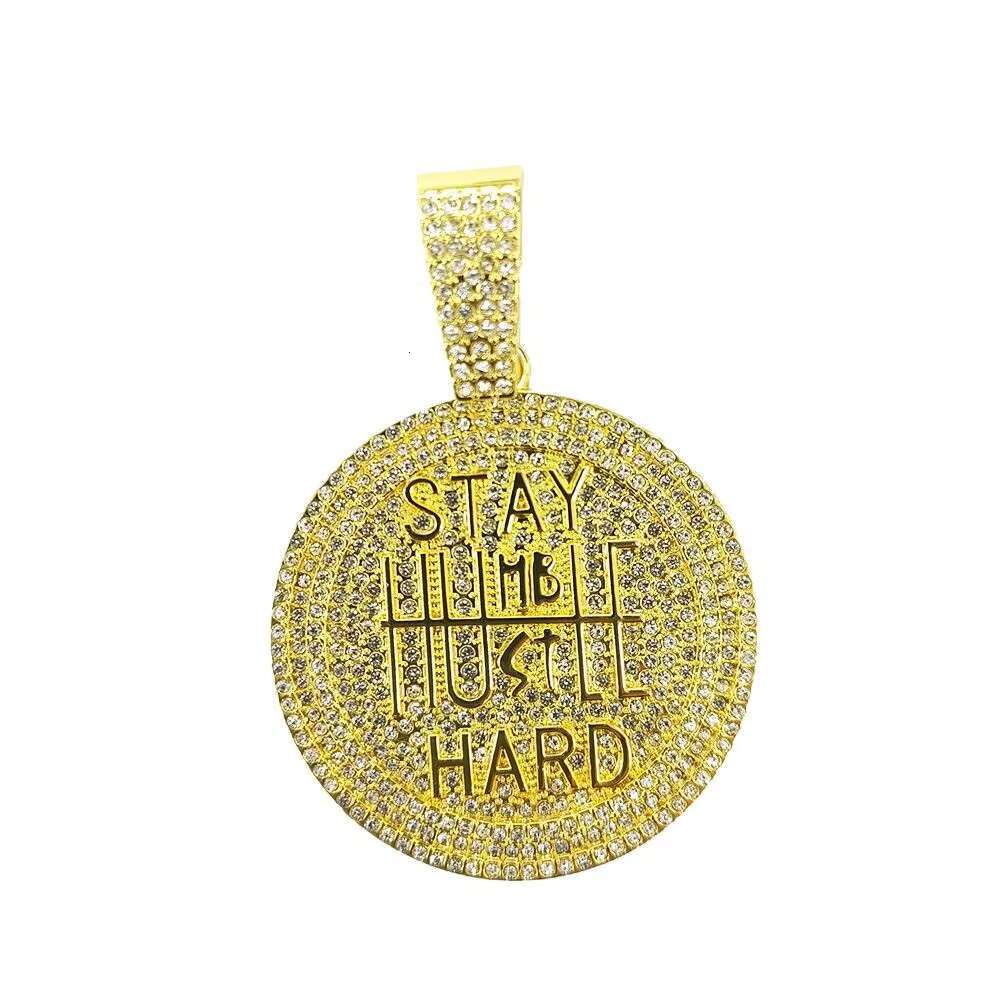 Wholesale Mens Hip-Hop Stay Hard Letter round Plate Pendant Necklace Full Diamond Cuban Link Chain with Gold Plating