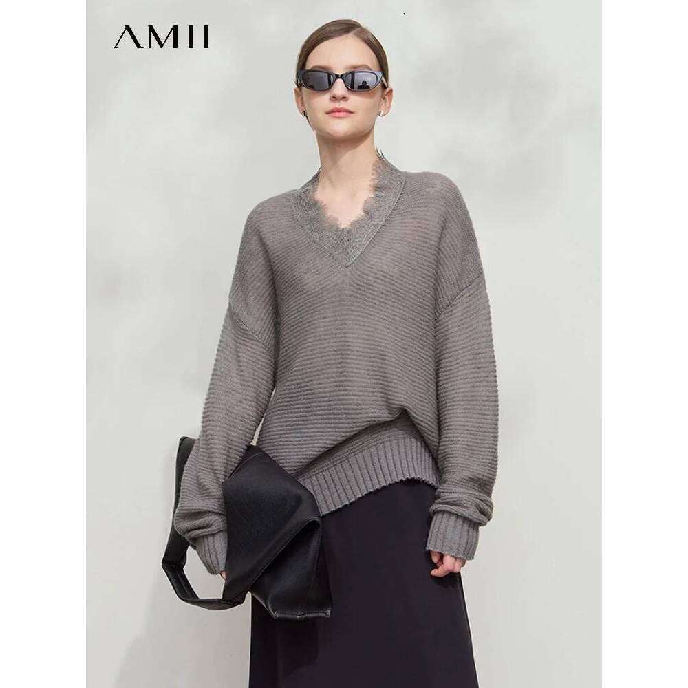 AMII Minimalism Knit Sweater Women 2025 Spring New Lace Solid Slim V-Neck Mohair Mid Length Loose Pullover Knitted Tops 12551043