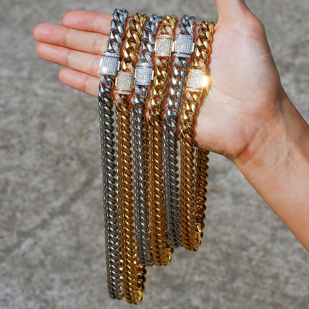 Gold Plated Mens Heavy Miami Cuban Link Chain Choker with Lab Diamond Clasp Stainless Steel Hip Hop Thick 10mm/12mm Necklace 250529