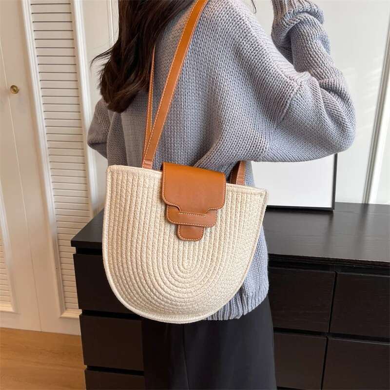 2025 New Large Capacity Beach Shopping Bag Luxury Design Woven Shoulder Bag Designer Women's Handmade Cotton Thread Woven Handbag Summer Travel B